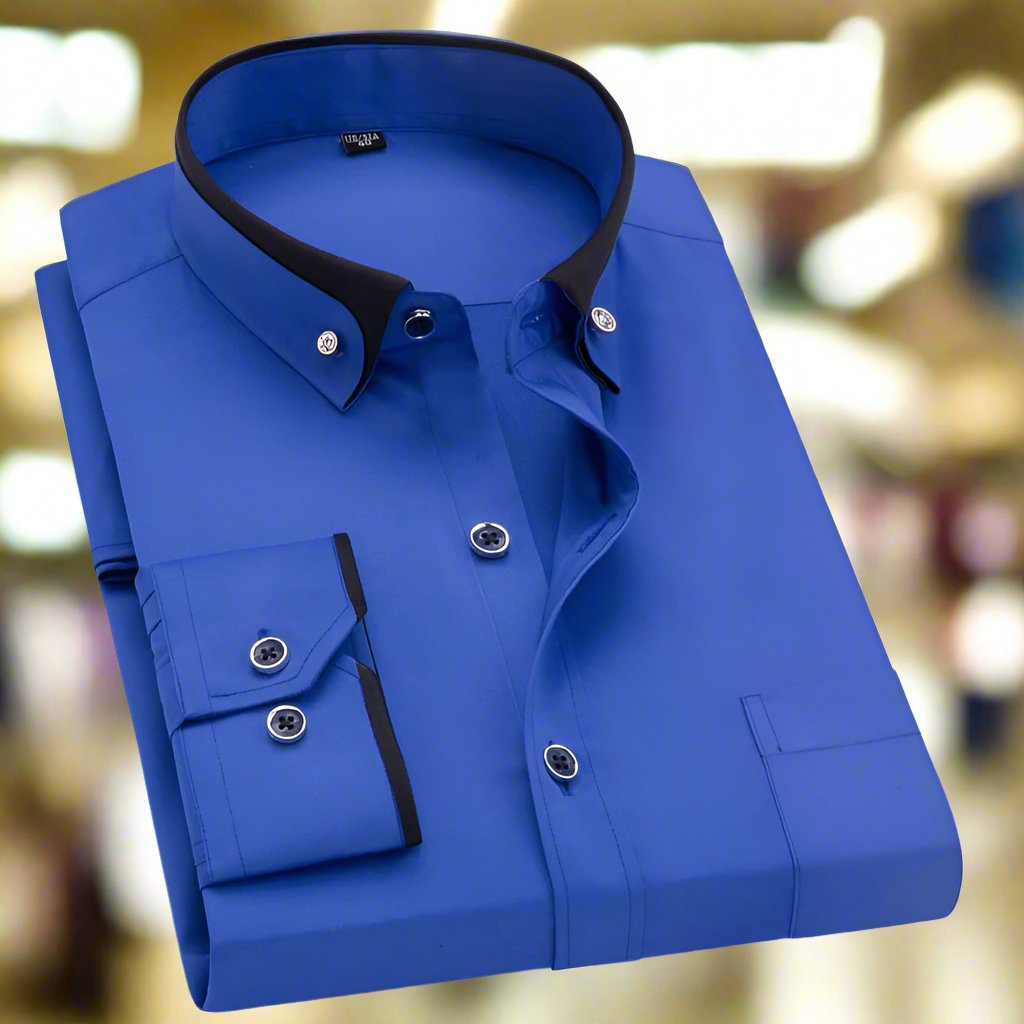 Blue dress shirt with black accents on a blurred background