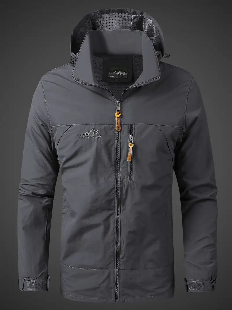 Dark gray jacket with a hood on a dark background