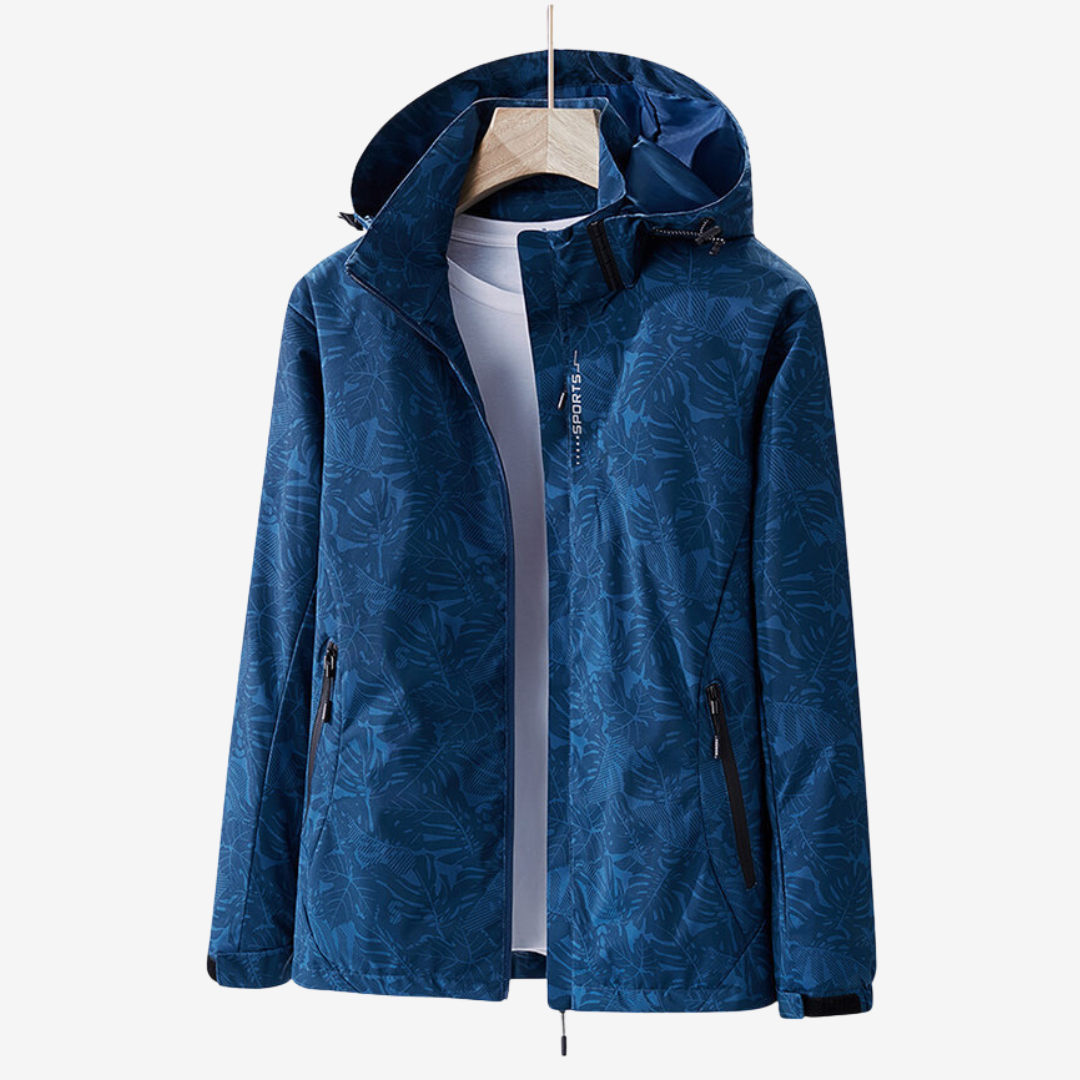 Blue jacket on a hanger against a white background