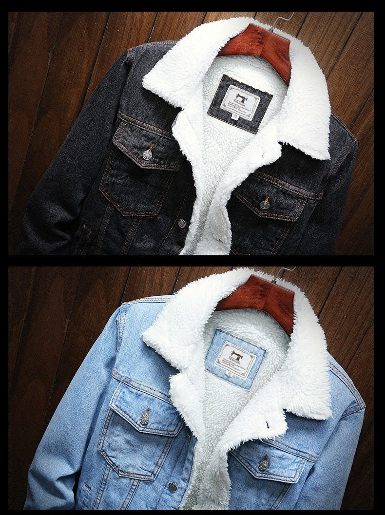 Two denim jackets with white sherpa lining on a wooden floor.
