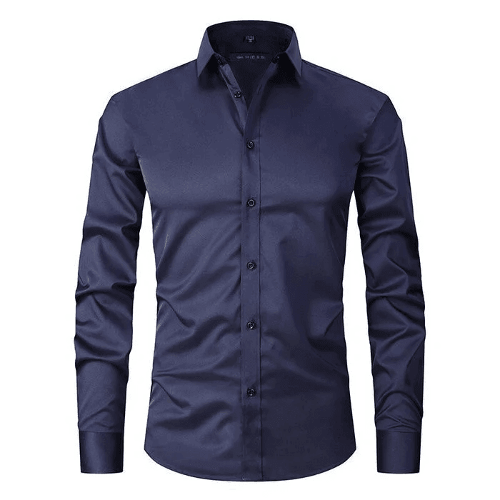 Navy blue dress shirt on a white background