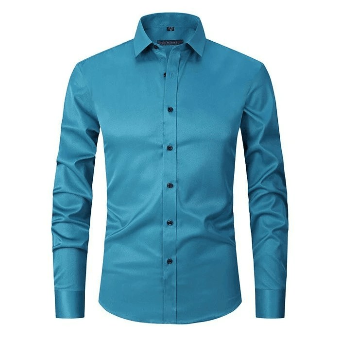 Blue dress shirt with buttons on a white background
