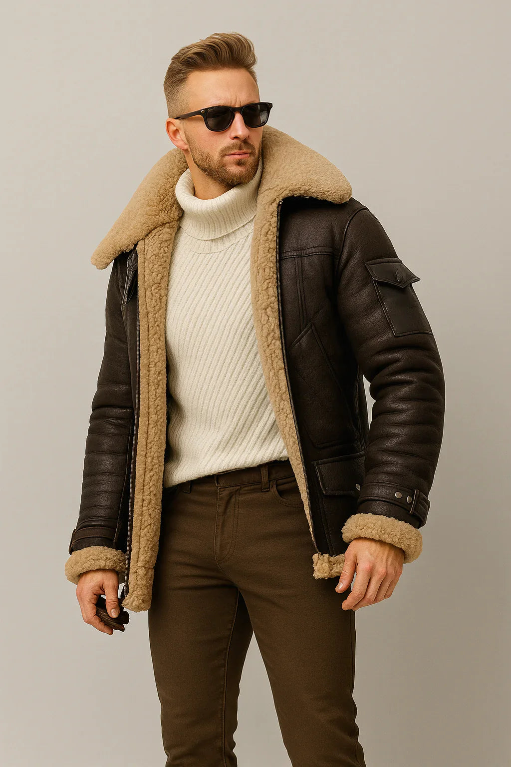 Man wearing a brown leather jacket with fur lining, white sweater, and brown pants on a plain background