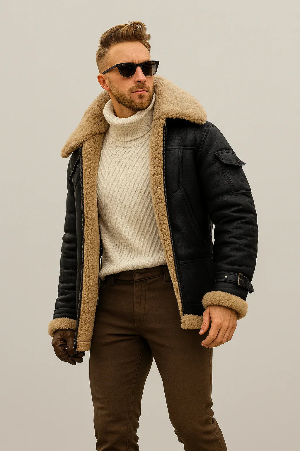 Man wearing a black leather jacket with shearling collar, white sweater, and brown pants against a plain background
