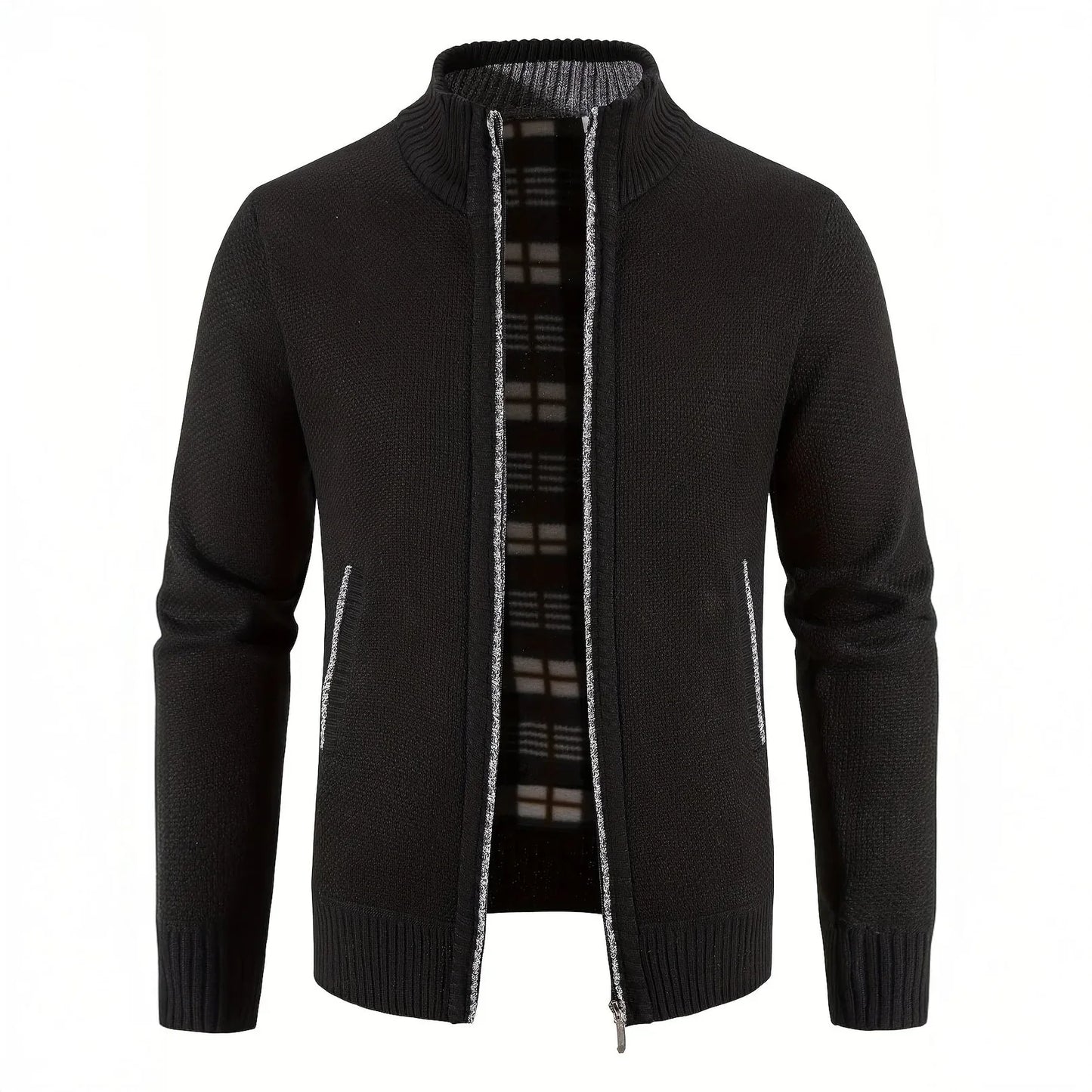 Black cardigan with plaid lining on a white background