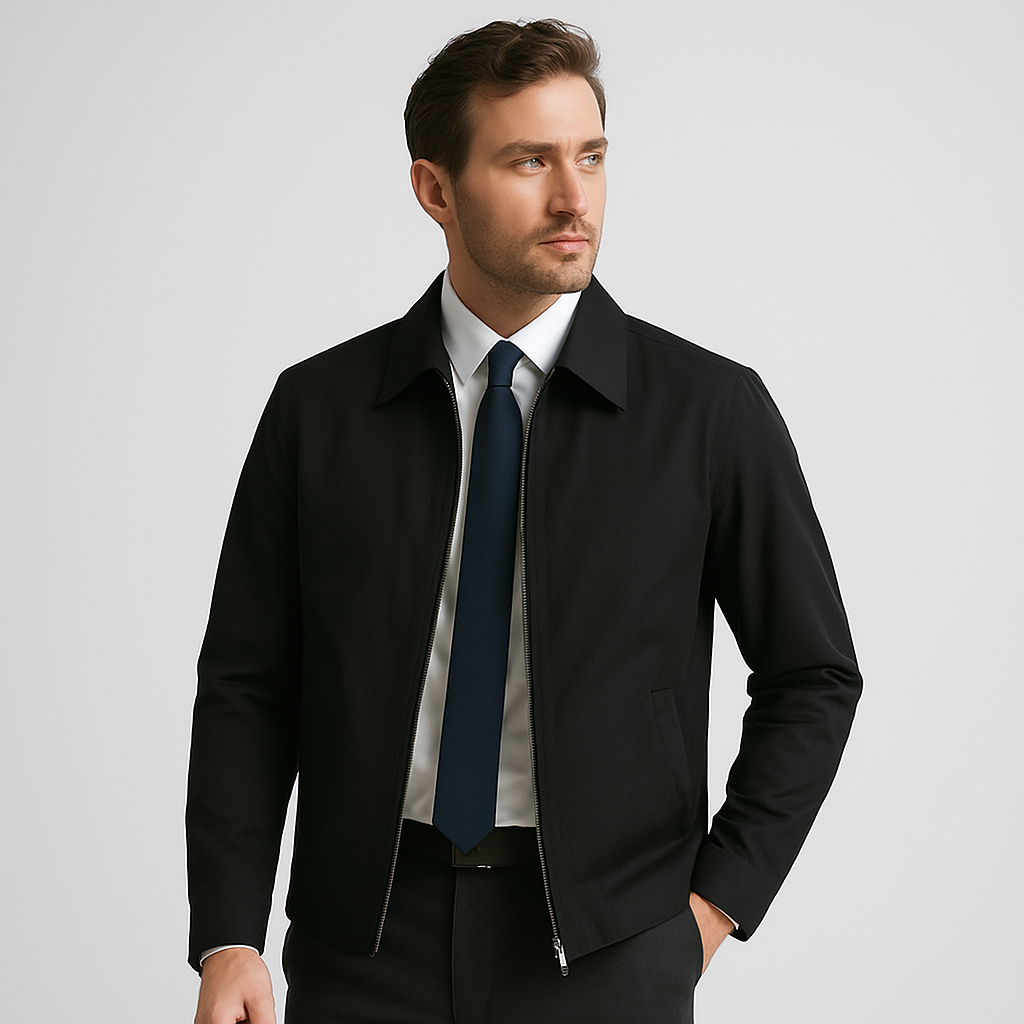 Man wearing a black coat over a suit on a light gray background