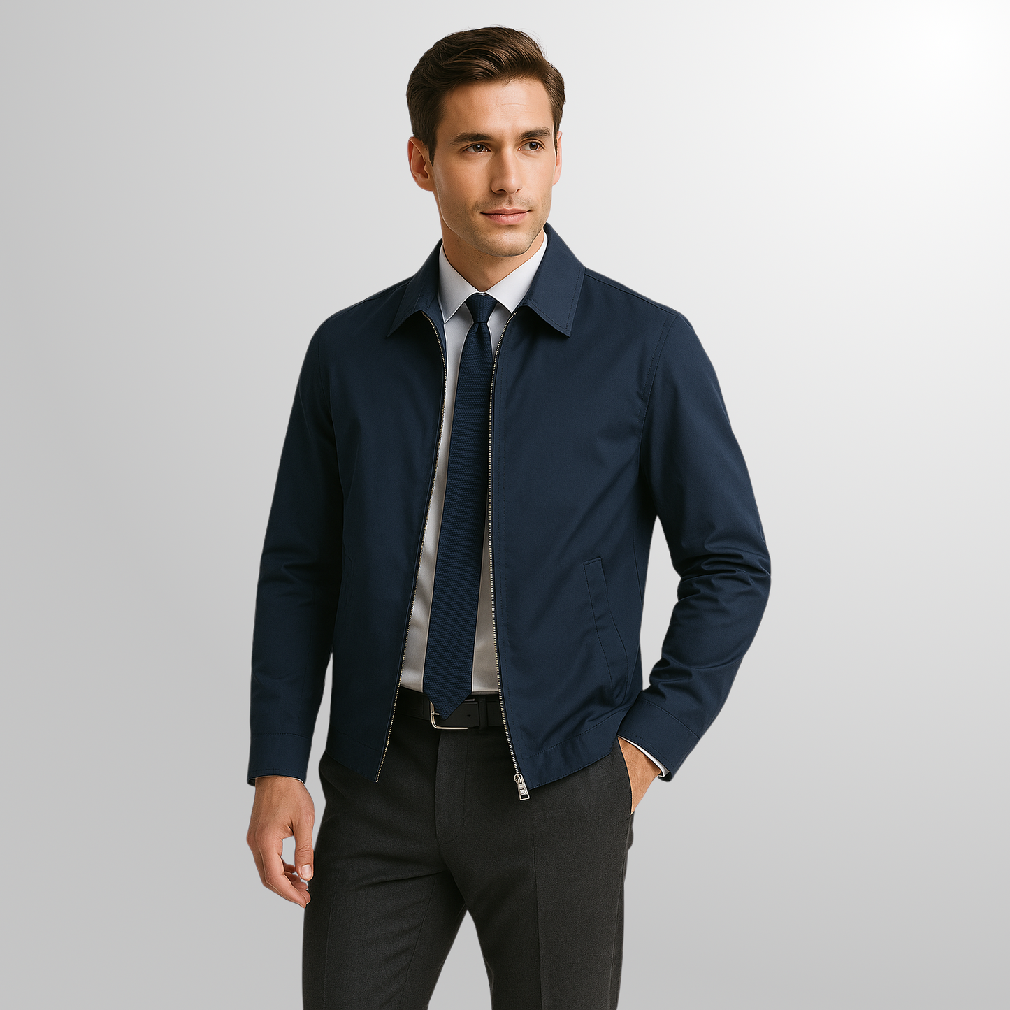 Man wearing a navy jacket over a suit on a light gray background