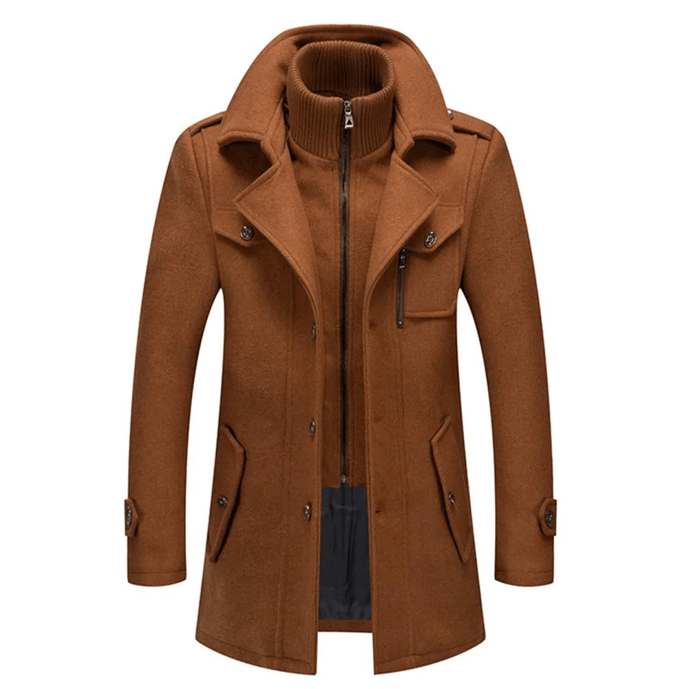 Brown coat with a high collar on a white background