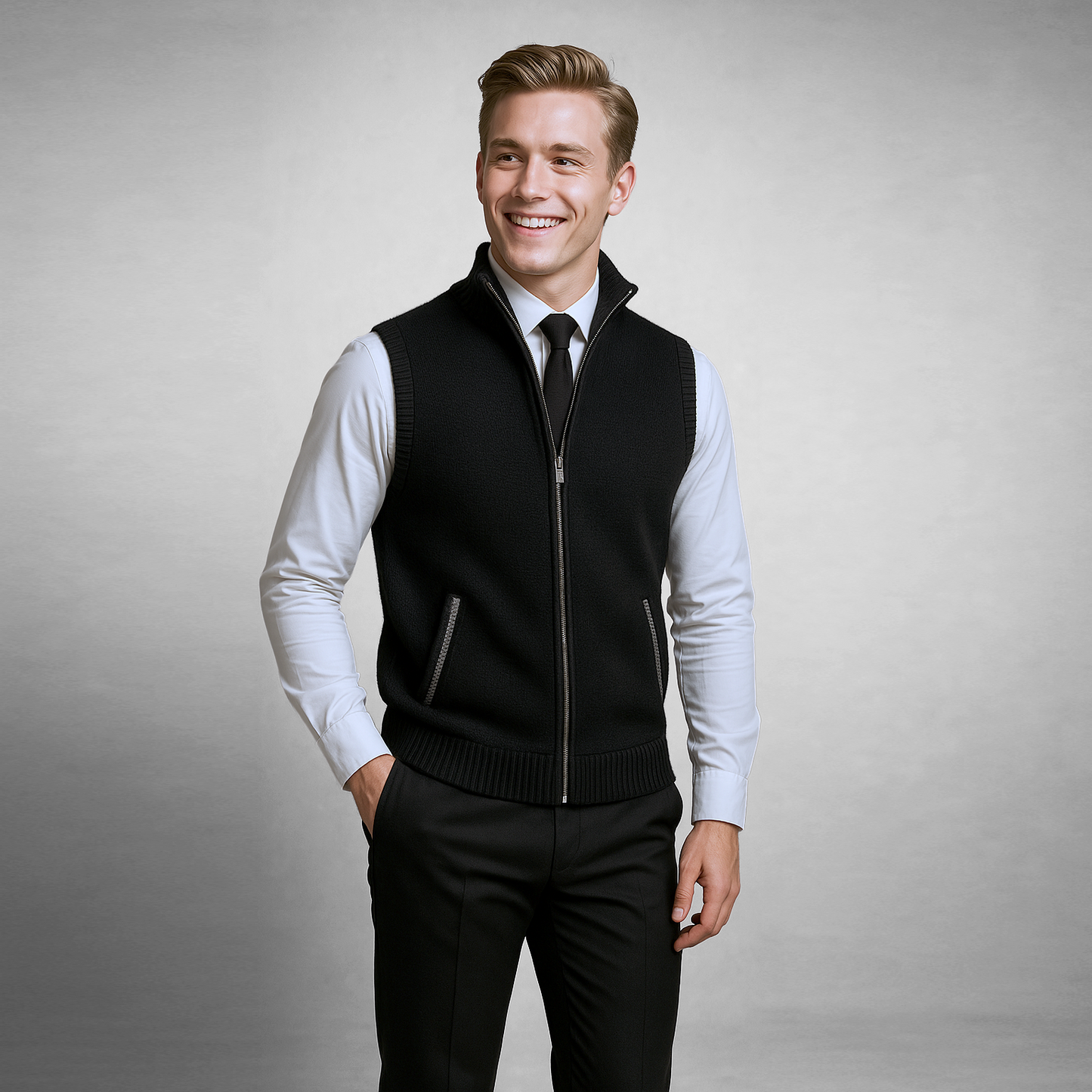 Man wearing a black vest over a light blue shirt with a gray background