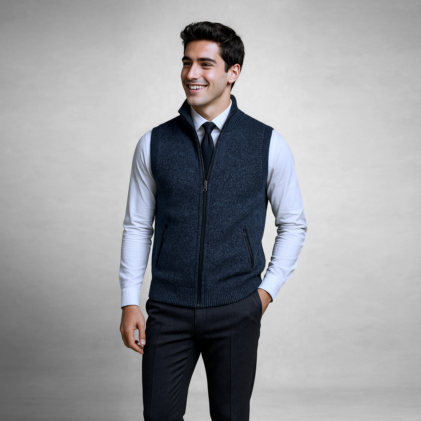 Man wearing a navy vest over a light blue shirt with a gray background