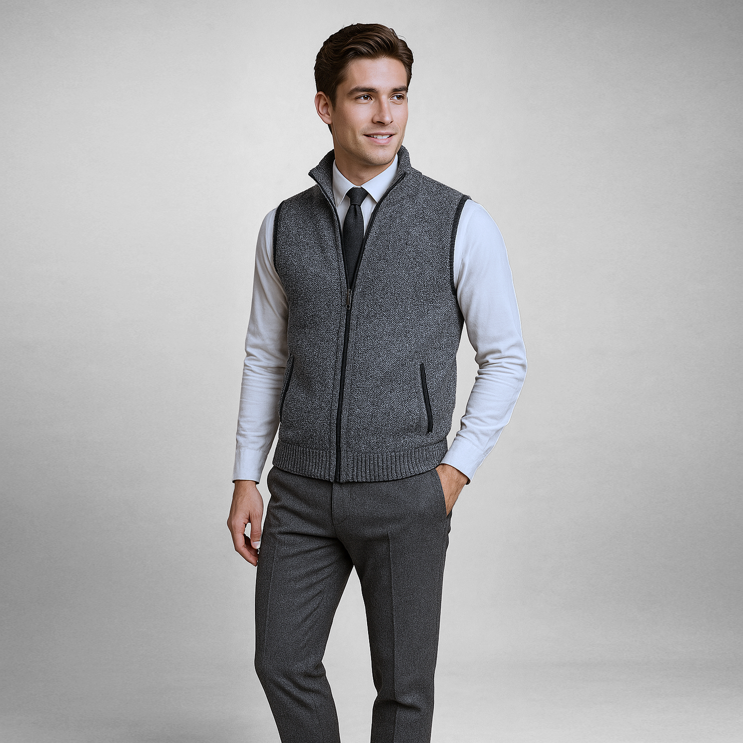Man wearing a gray sweater vest over a light blue shirt with dark gray pants on a plain background