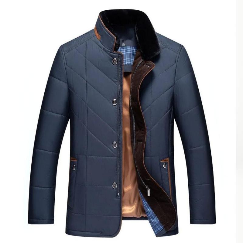 Blue quilted jacket with brown lining on a white background