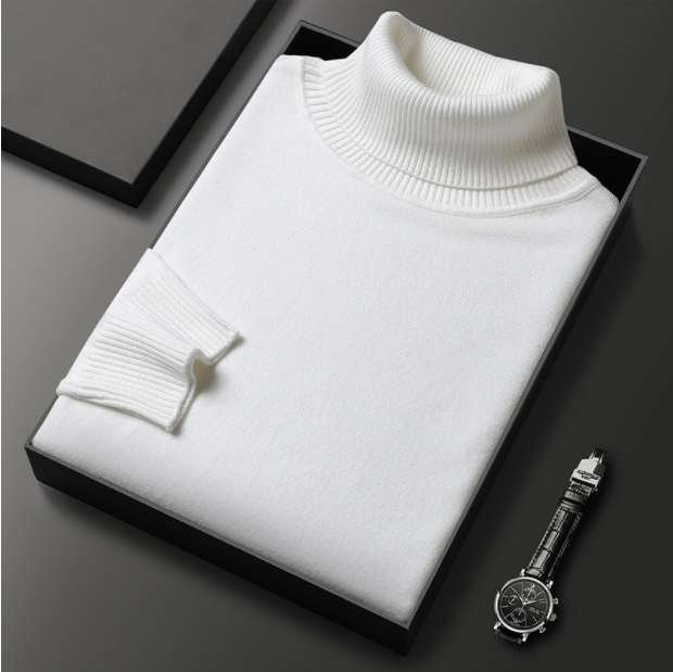 Folded burgundy turtleneck sweater displayed with a watch.