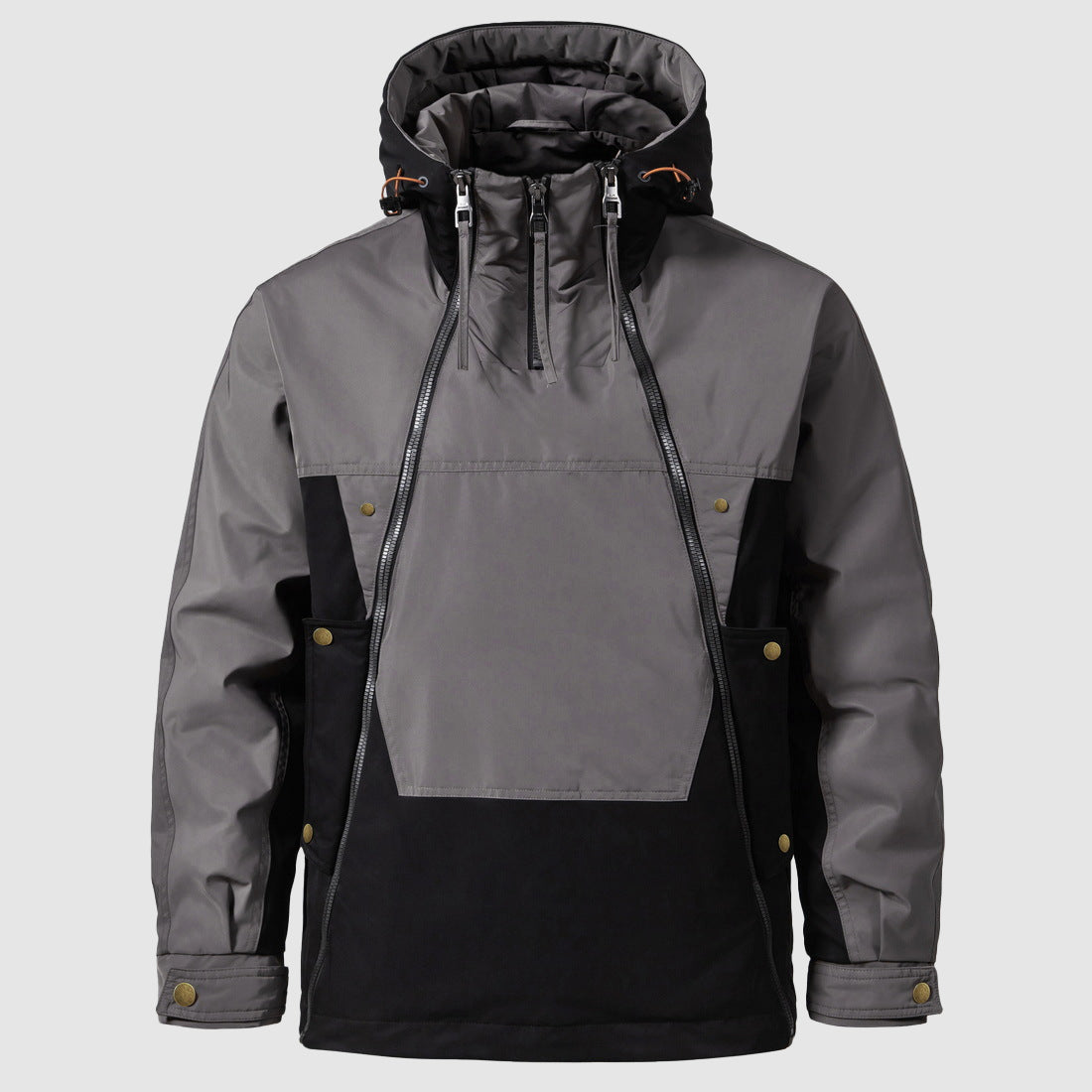 Two-tone gray and black jacket with a hood on a light gray background