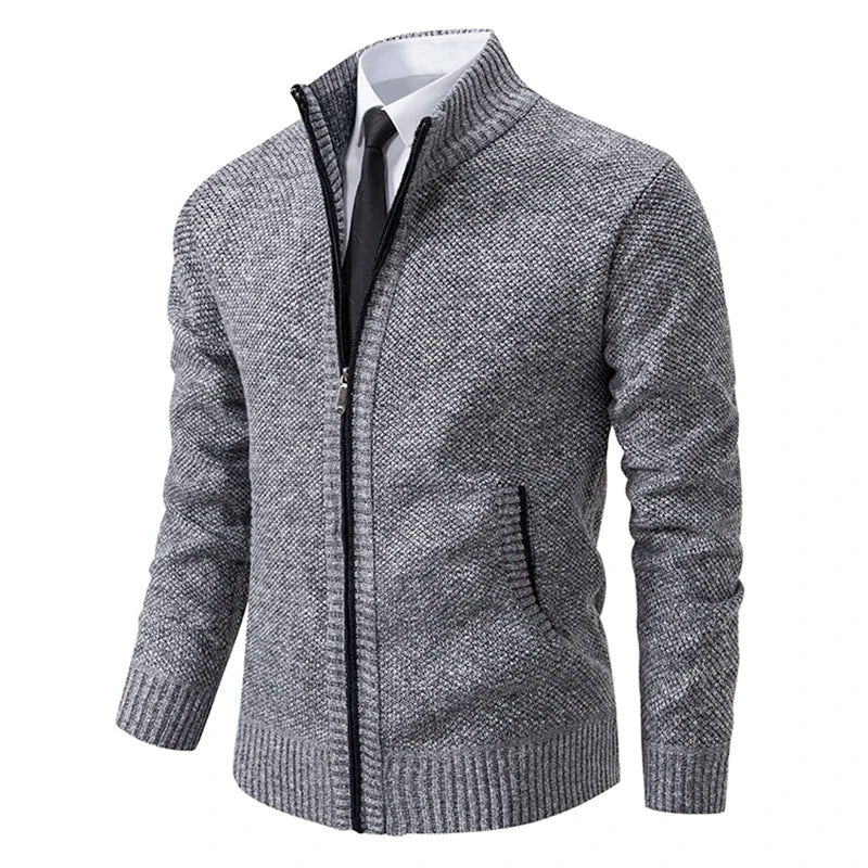 Gray zip-up sweater on a white background