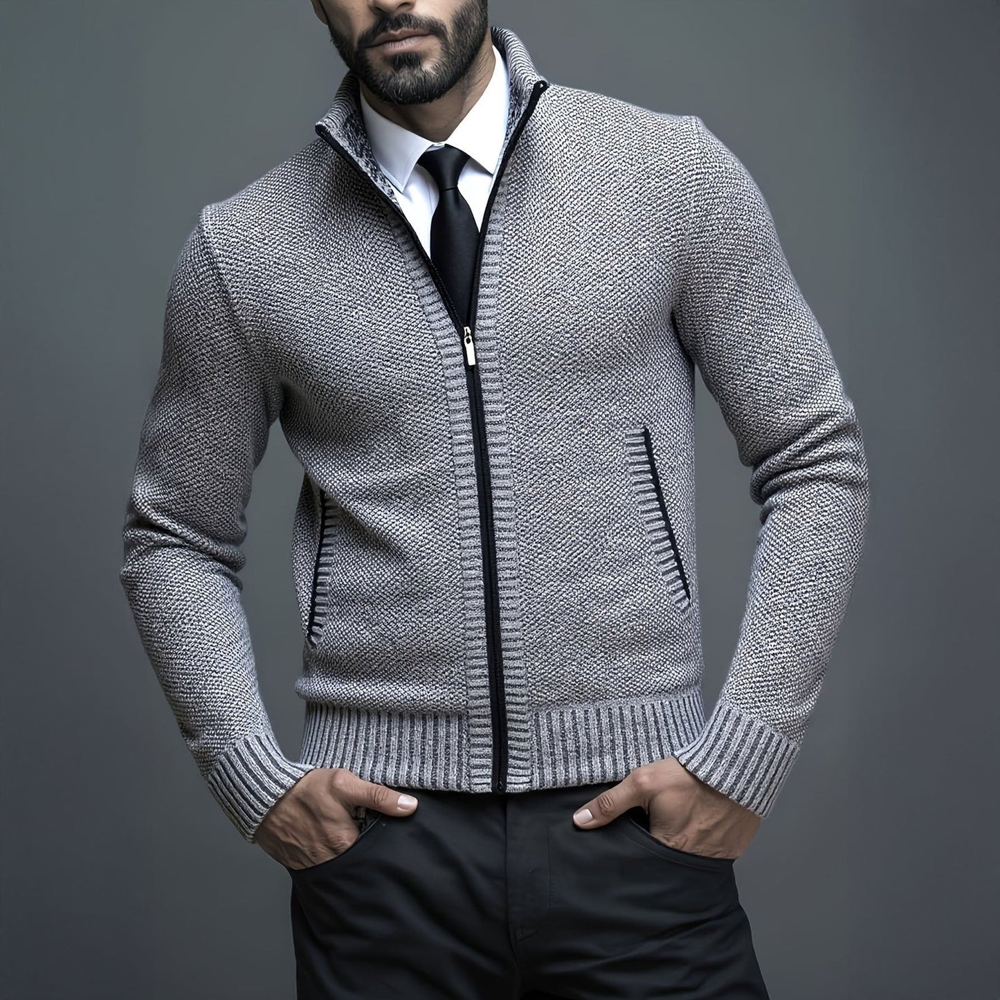 Man wearing a gray zip-up sweater over a white shirt with a black tie against a gray background