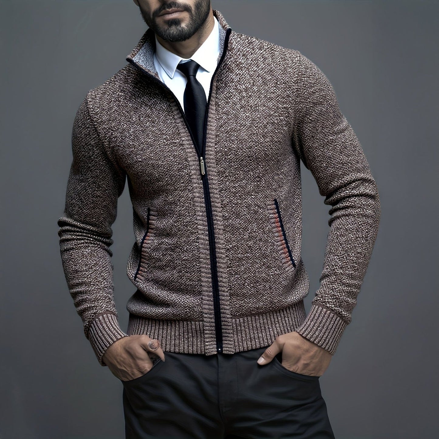 Man wearing a brown zip-up sweater against a gray background