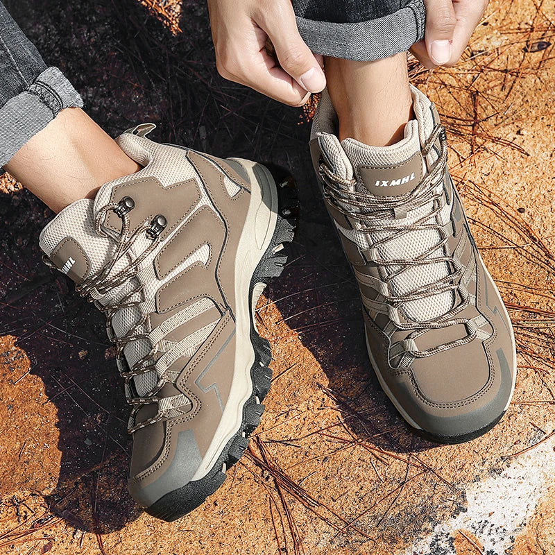 Person wearing brown hiking boots on a natural ground surface