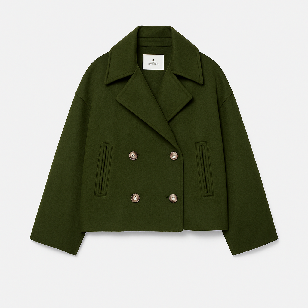 Green coat with double-breasted design on a light gray background
