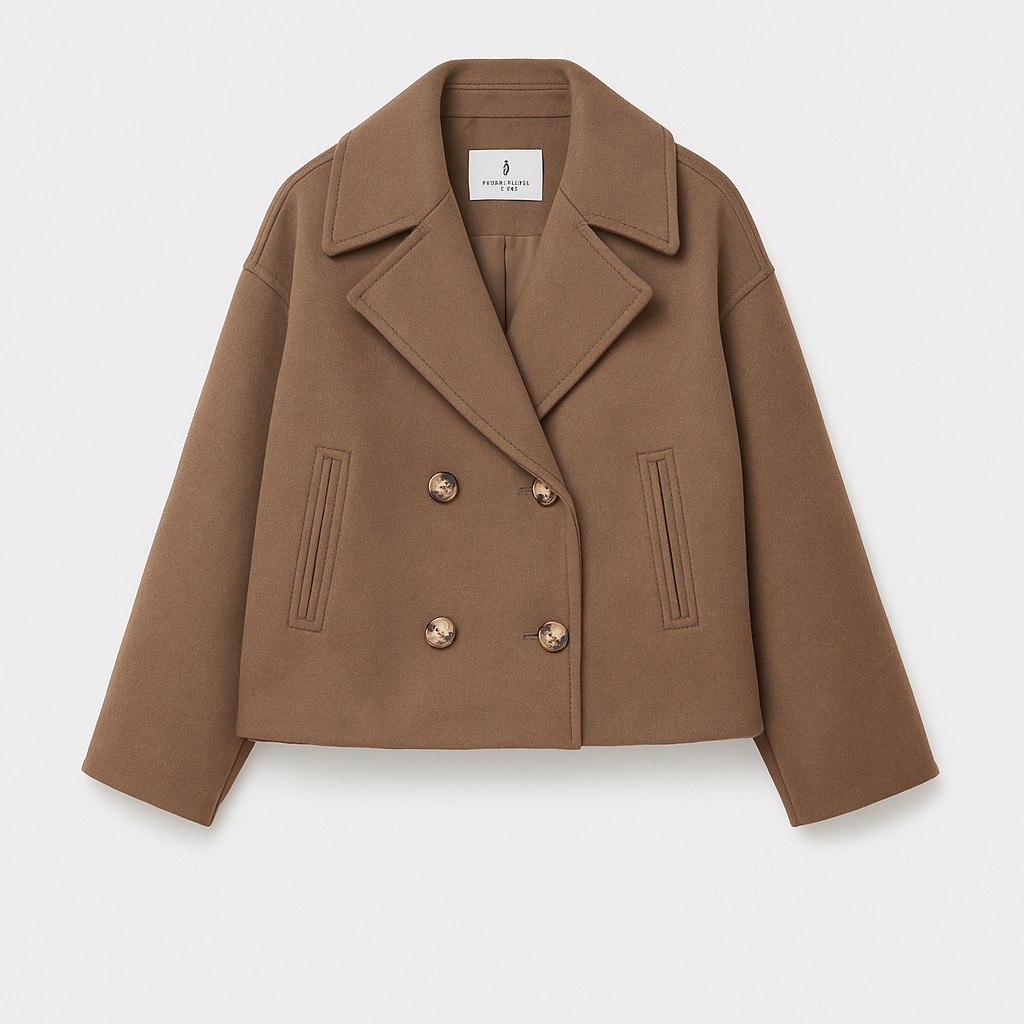 Brown coat with gold buttons on a light gray background