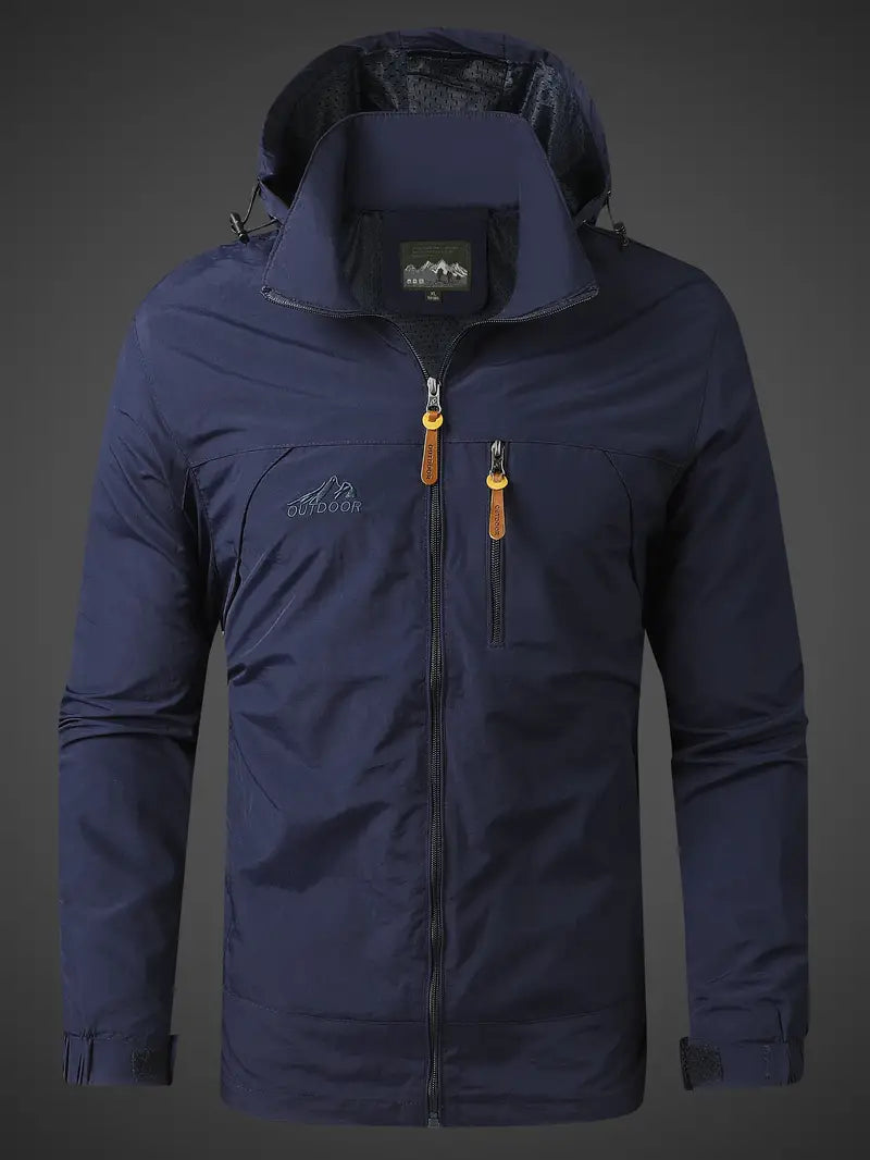 Navy blue jacket with brand logo on a dark background