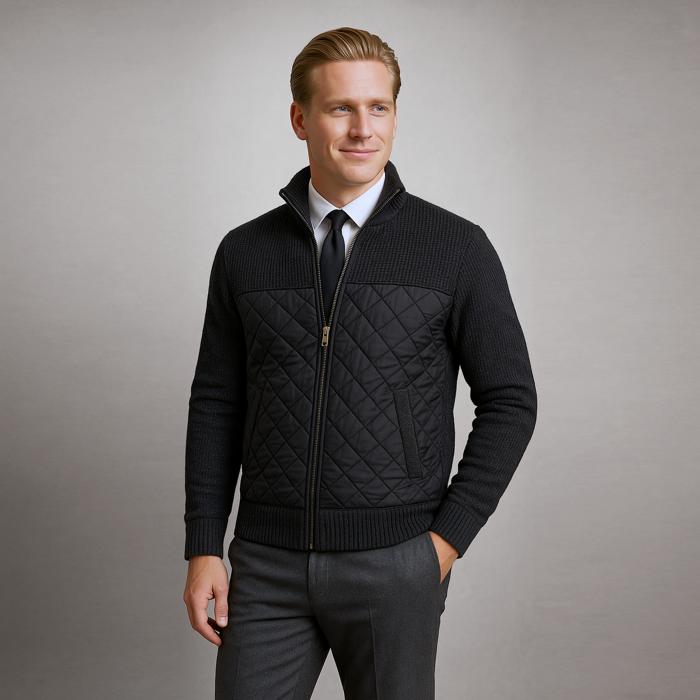 Man wearing a black quilted jacket on a gray background