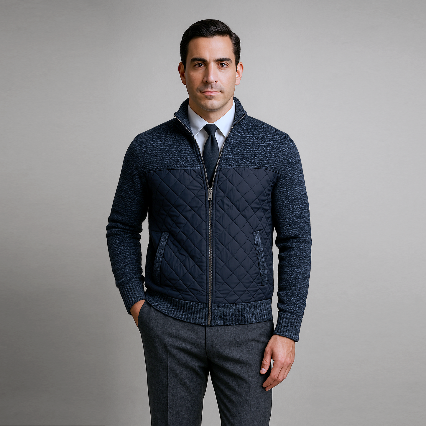 Man wearing a navy quilted jacket over a white shirt with a tie on a gray background