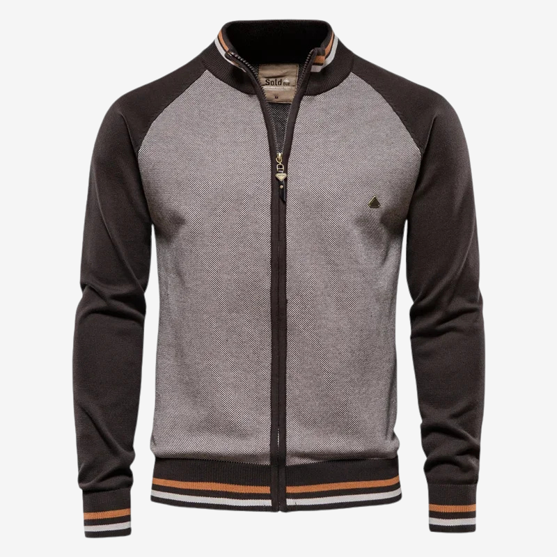 Gray and black jacket with a zipper on a white background