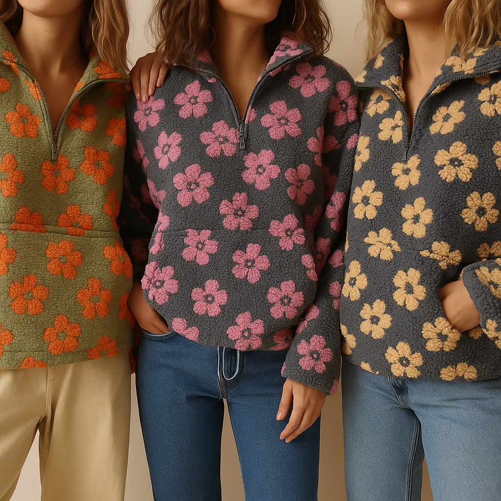 Three people wearing floral patterned jackets against a neutral background