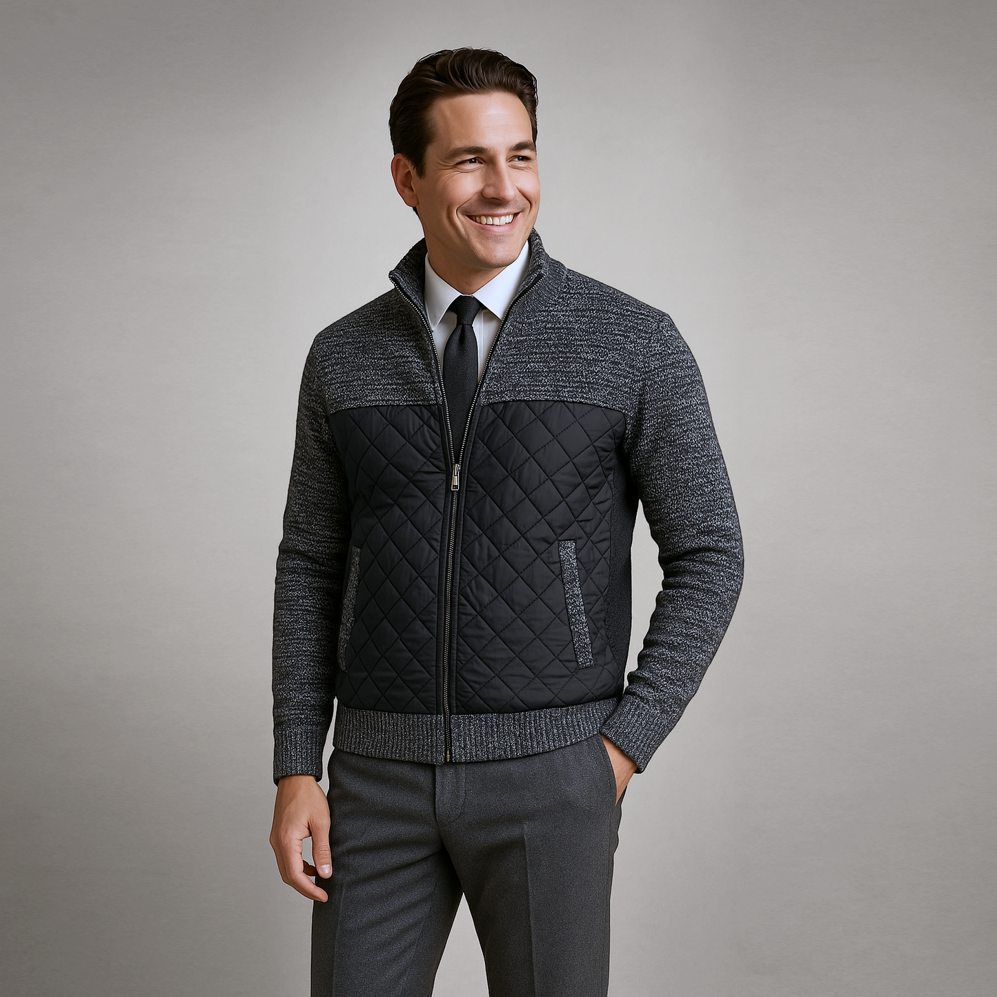 Man wearing a gray quilted jacket with a plain background