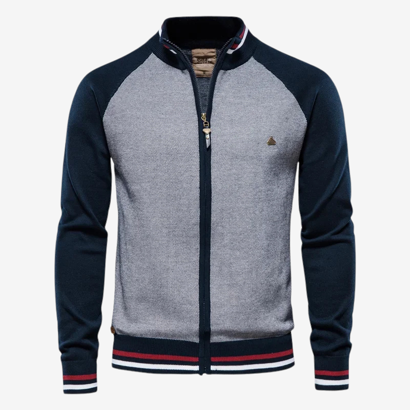 Gray and navy jacket with a brand logo on a white background