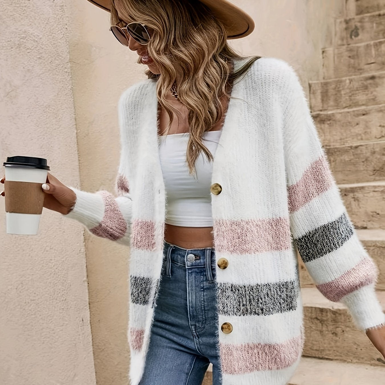 Woman wearing a white cardigan with pink and gray stripes, holding a coffee cup.
