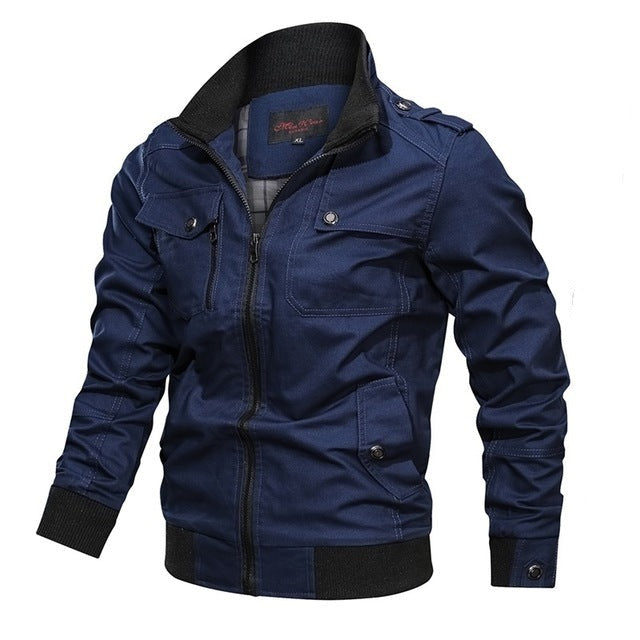 Blue jacket with black accents on a white background