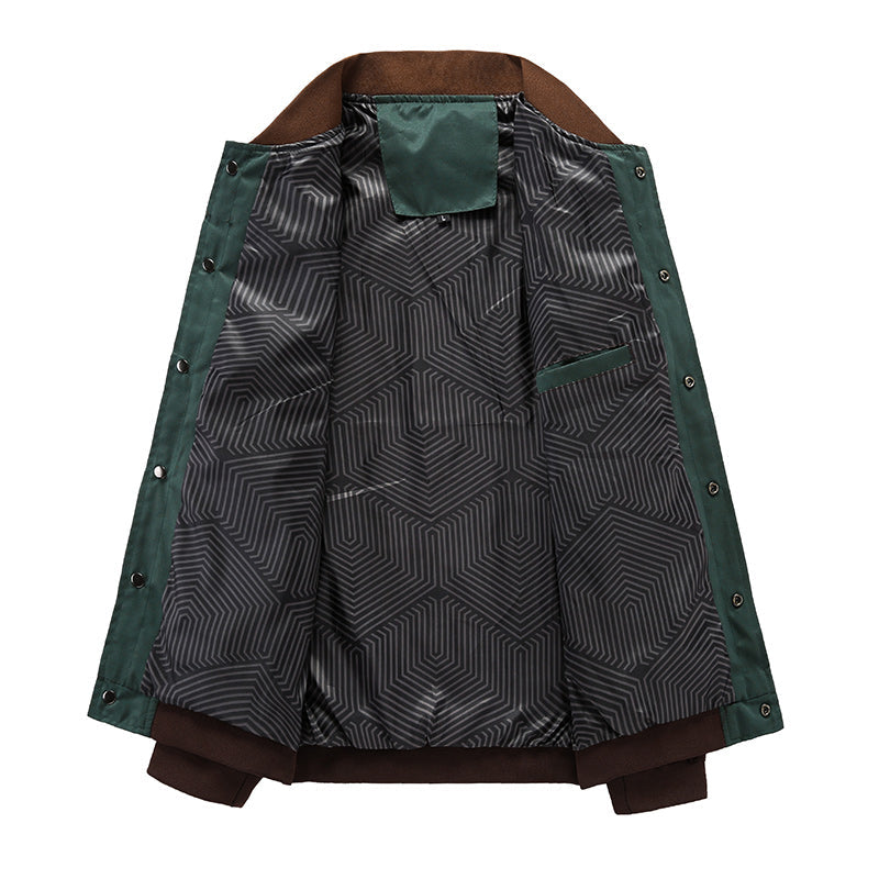 Green and brown patterned jacket on a white background