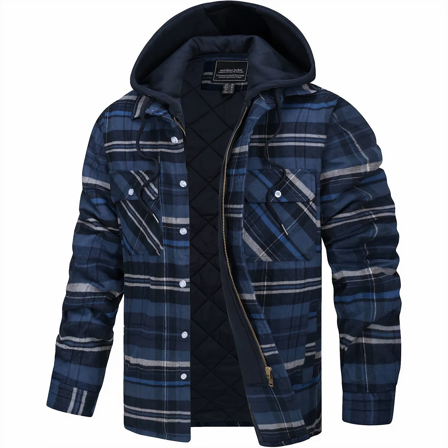 Blue plaid jacket with a hood on a white background