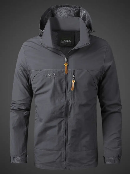 Dark gray jacket with a hood on a dark background