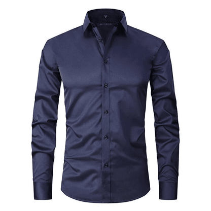 Navy blue dress shirt on a white background