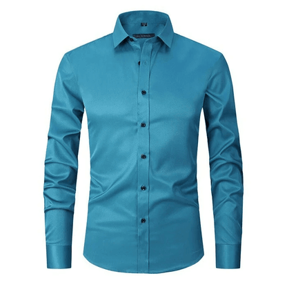 Blue dress shirt with buttons on a white background