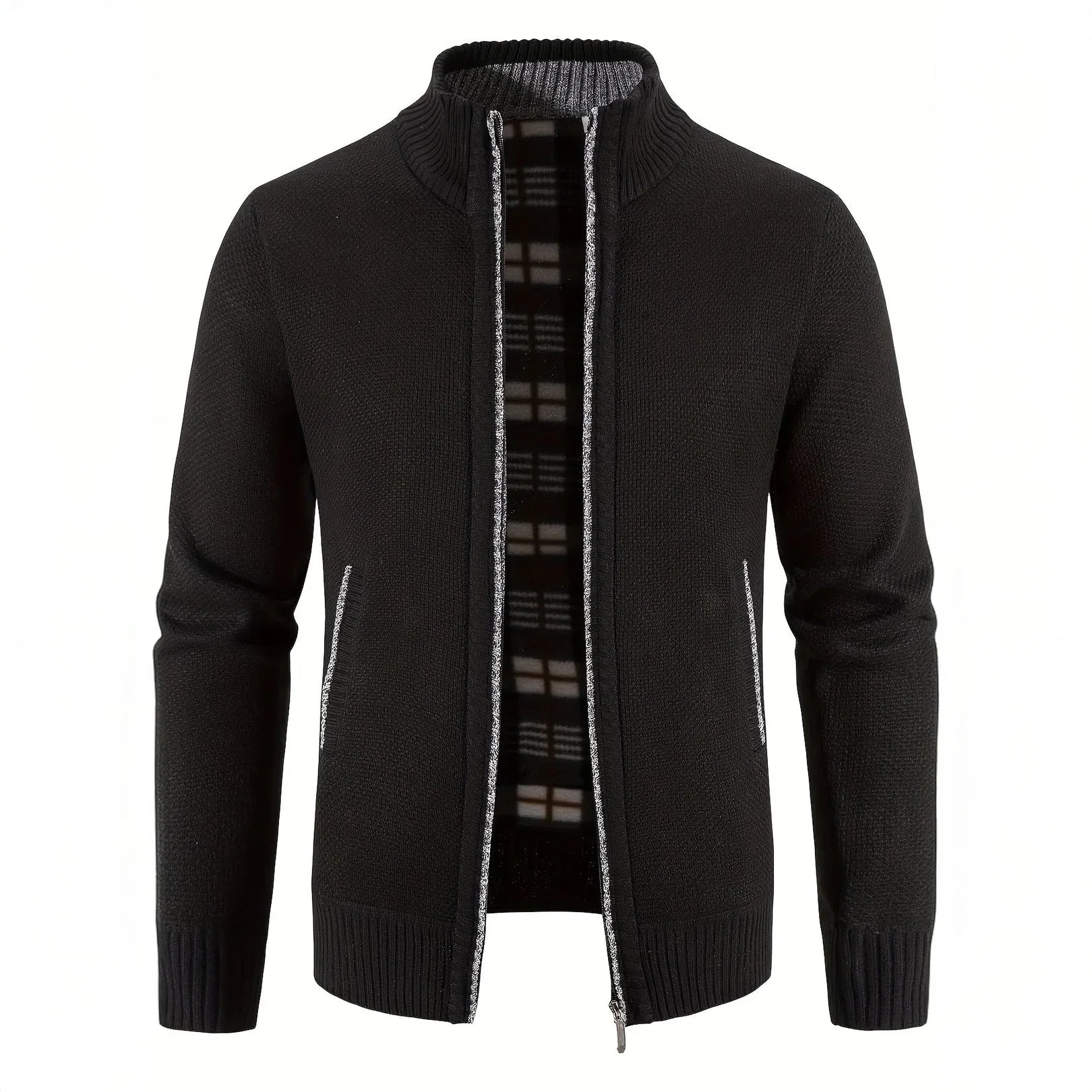 Black cardigan with plaid lining on a white background
