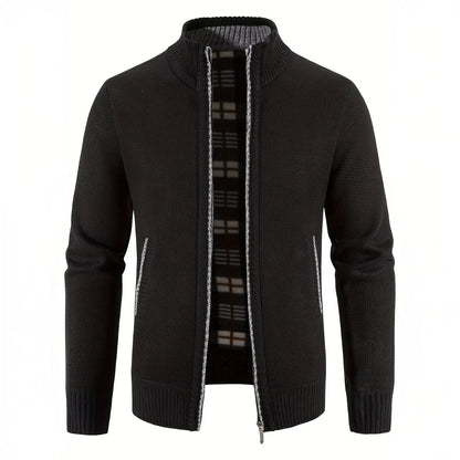 Black cardigan with plaid lining on a white background