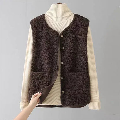 Brown fleece vest on a mannequin with a gray background