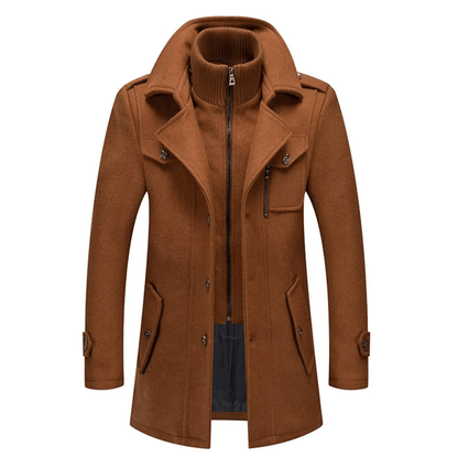 Brown coat with a high collar on a white background