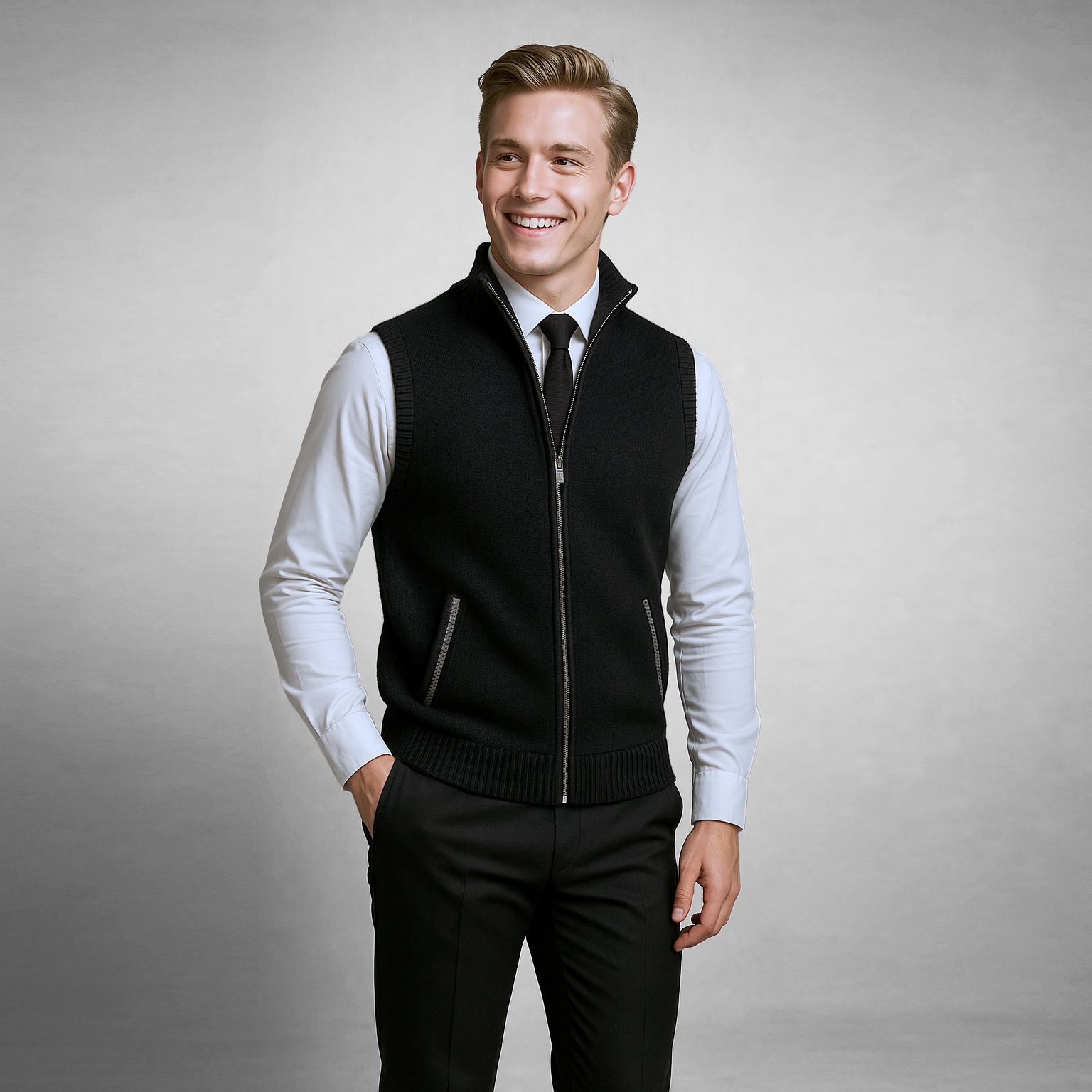 Man wearing a black vest over a light blue shirt with a gray background