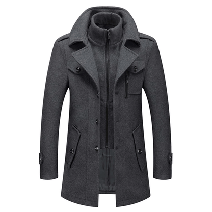 Gray coat with a high collar on a white background