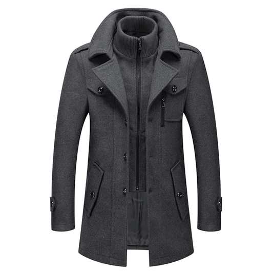 Gray coat with a high collar on a white background