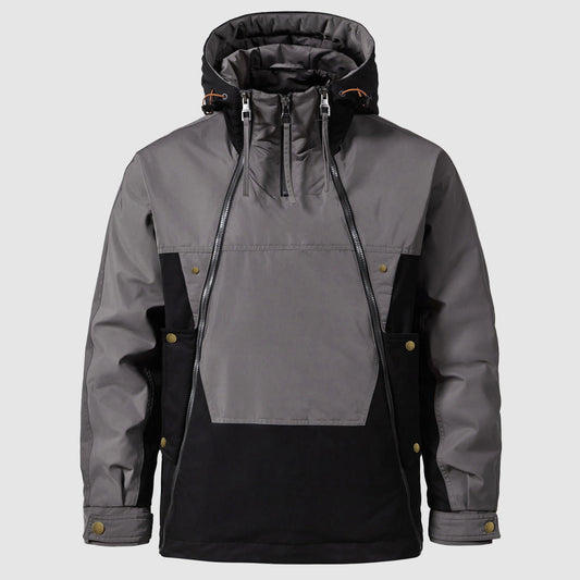 Two-tone gray and black jacket with a hood on a light gray background