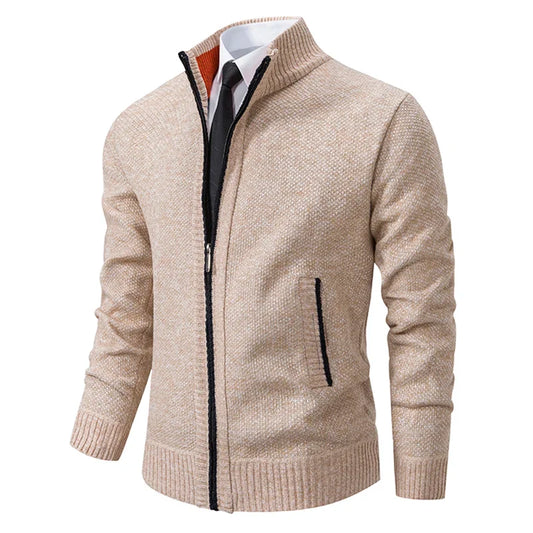 Beige zip-up sweater with black zipper on a white background