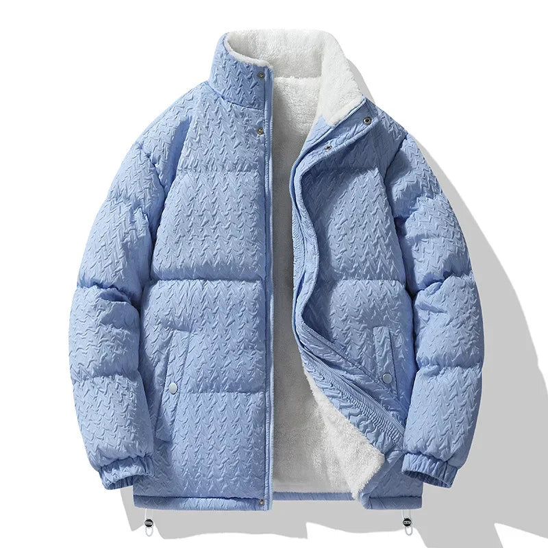 Light blue puffer jacket with white lining on a white background