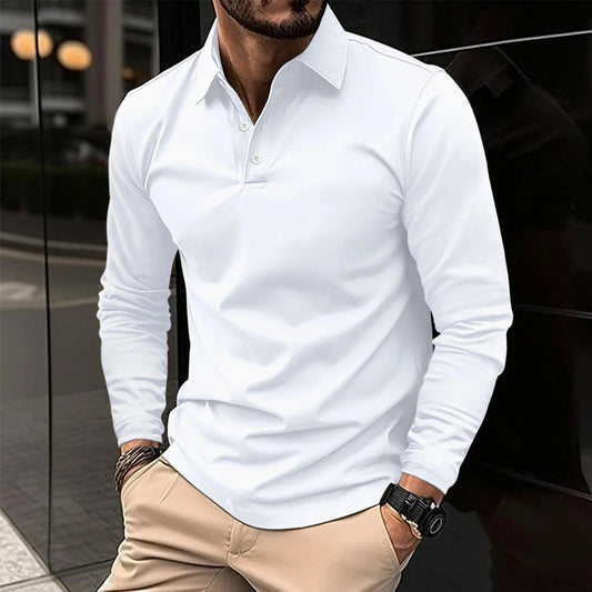 Man wearing a white long-sleeve polo shirt with beige pants.