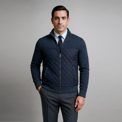 Man wearing a navy quilted jacket over a white shirt with a tie on a gray background